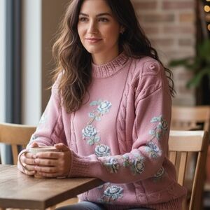 VTG IZOD CLUB HAND EMBROIDERED BLUE & PINK CROCHETED COTTAGE CORE SWEATER SZ S